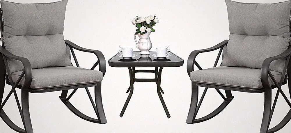 3 Piece Bistro Set Patio Rocking Chairs Outdoor Furniture W Warm Gray Cushions