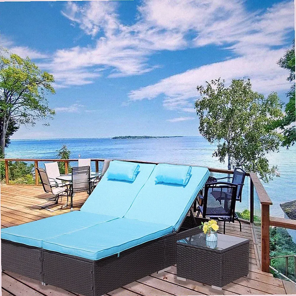 3 Piece Outdoor Patio Rattan Chaise Lounge Set Adjustable Reclining Chair