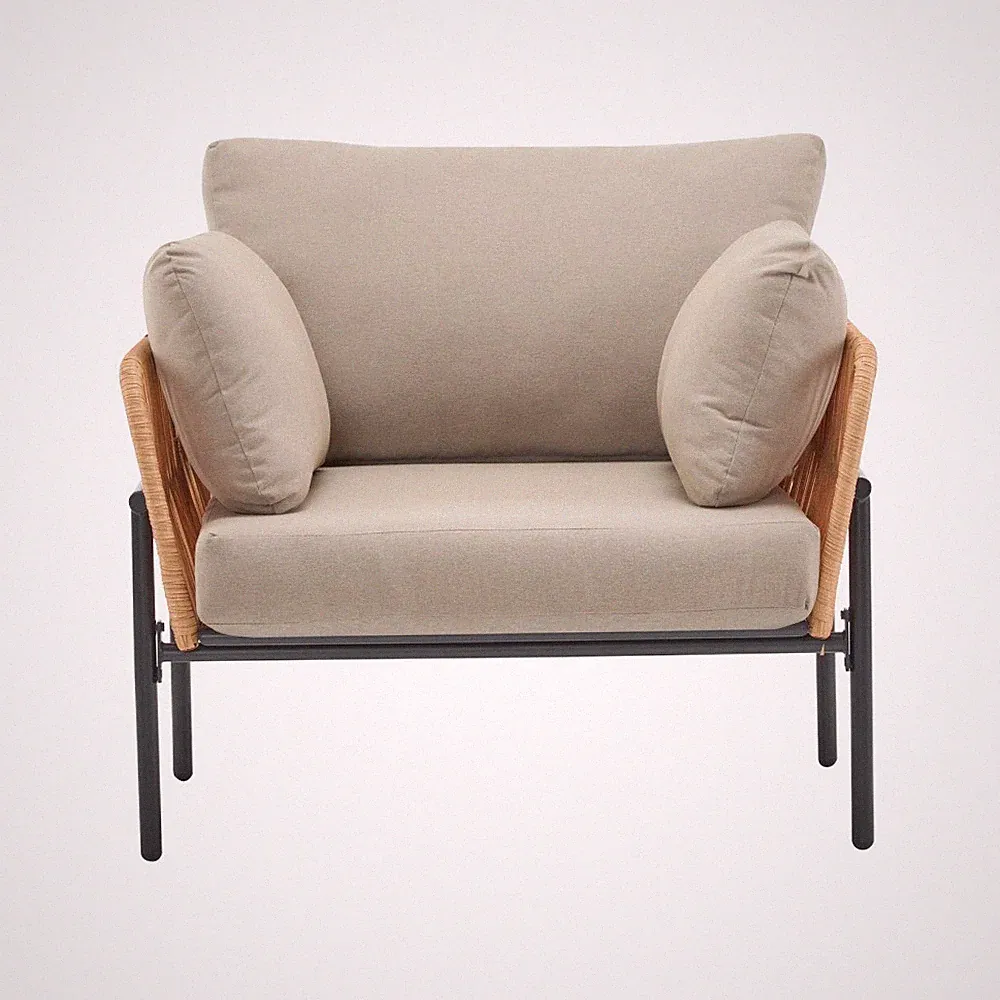 36" Beige Rope & Light Wood Iron Lounge Chair w/Cushions – Modern Patio
