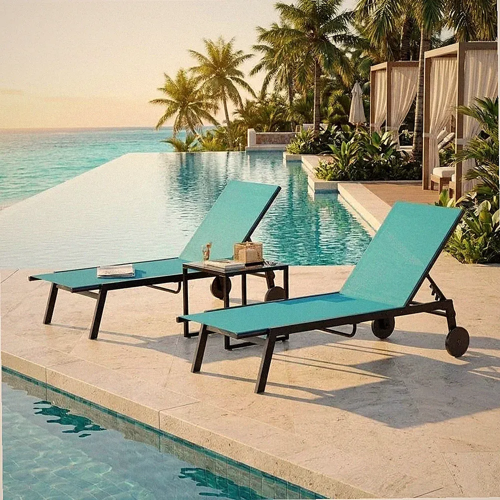3Pcs Adjustable Chaise Lounge Chair with Wheels 2 Blue Patio Chairs W/Side Tabl