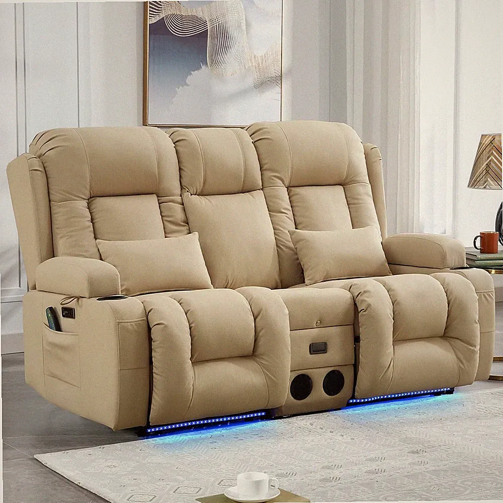 Beige Power Recliner Loveseat with Console, Bluetooth & LED Lights
