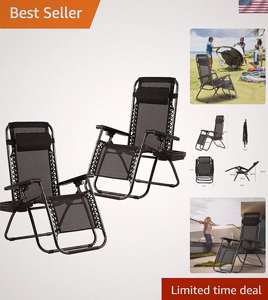 Black Zero Gravity Patio Chairs Pair – Sturdy Steel Frame, Cup Tray
