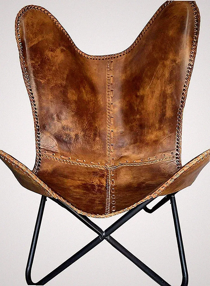 Buff Leather Butterfly Chair - Antique Iron Folding Lounge Accent Relax Armchair