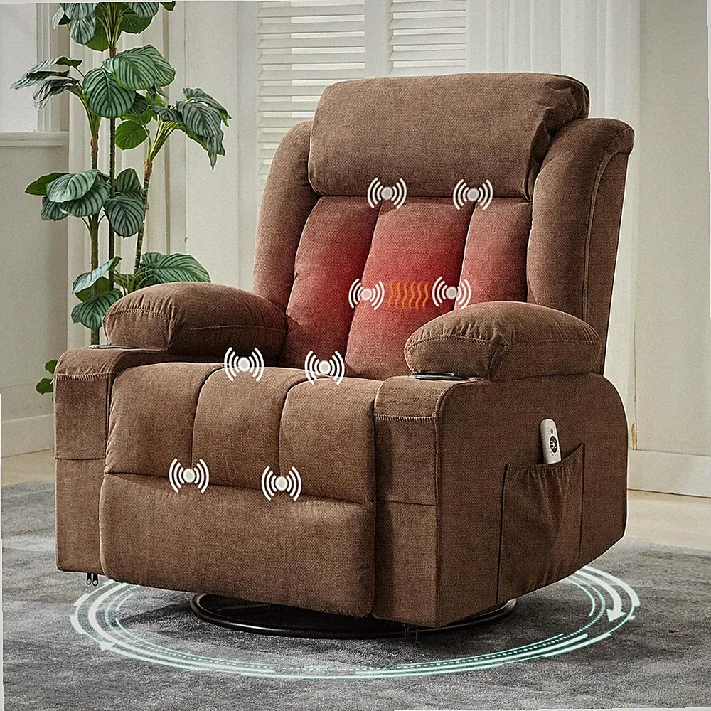 Comfort 360° Swivel Rocker Recliner w/ Heat, Massage, USB & Cup Holders - Brown