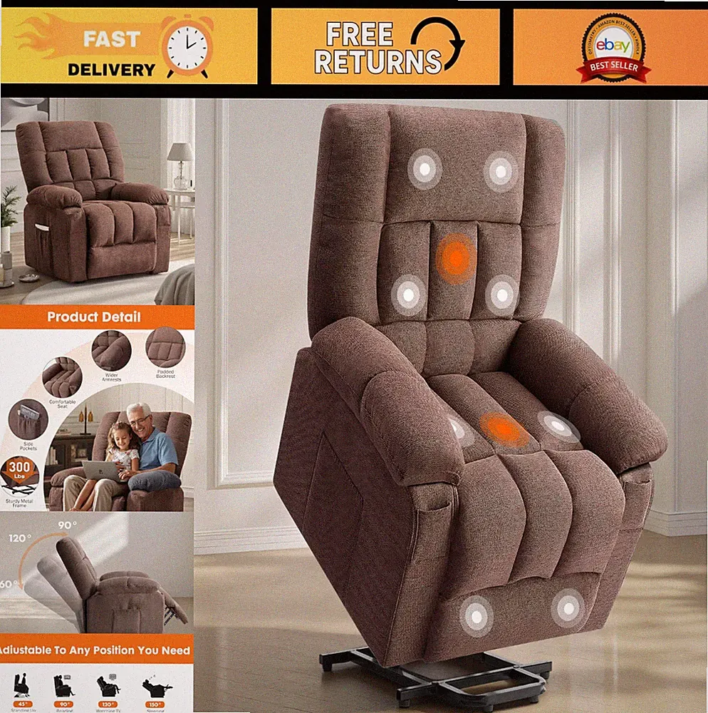 Ergonomic Power Lift Recliner Chair with Vibration Massage & Heat, Overstuffed