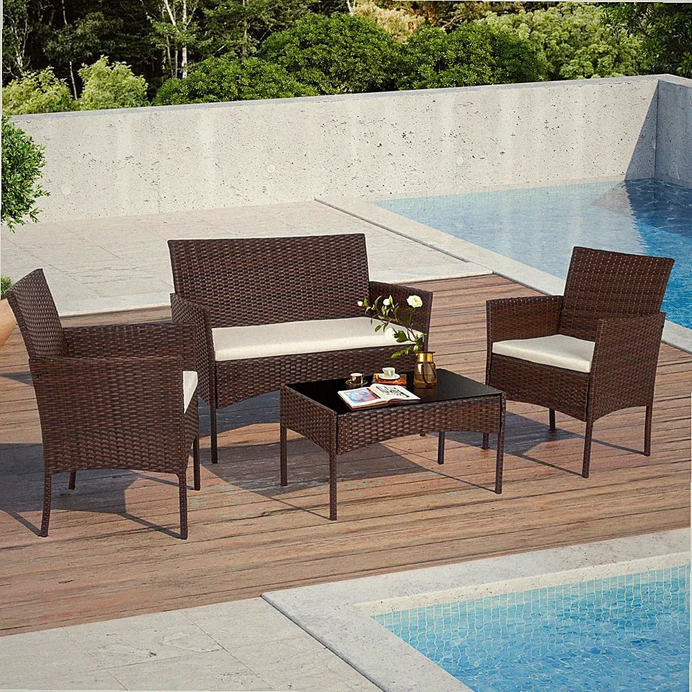 Juego De Sillas Sillón Loveseat Con Mesa Cojines 4 Piezas Para Patio Exterior