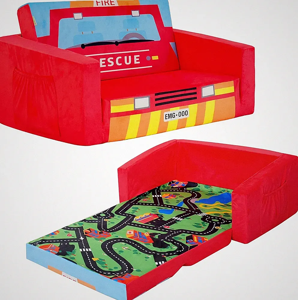 Kids Fire Truck Sofa Bed - Upholstered Flipout Recliner for Sleepovers