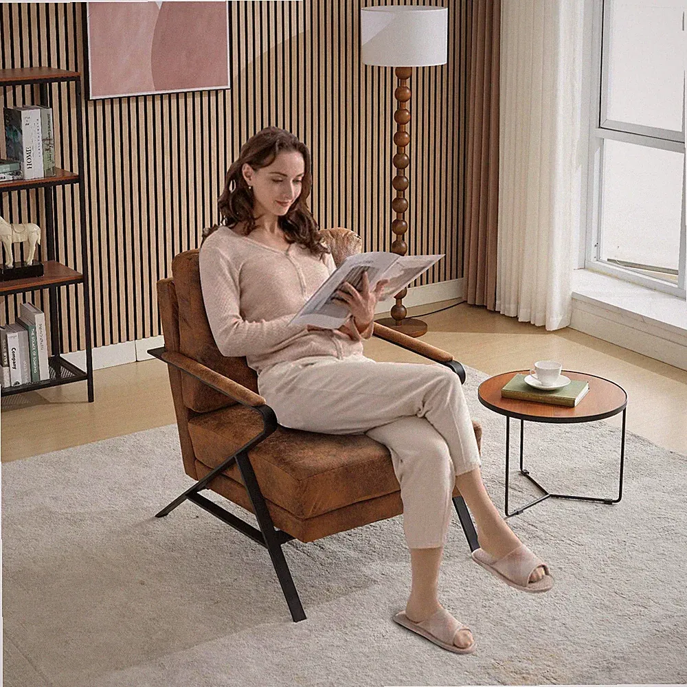 Modern Chair Upholstered Lounge Arm Chair w/Iron Frame and Thicker Cushion,Brown