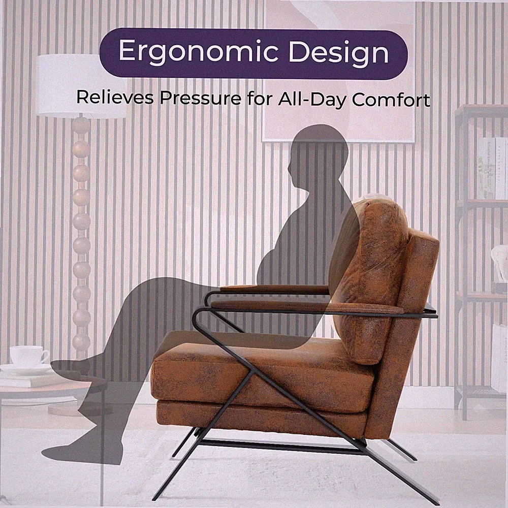 Modern Chair Upholstered Lounge Brown Arm Chair w/Iron Frame and Thicker Cushion