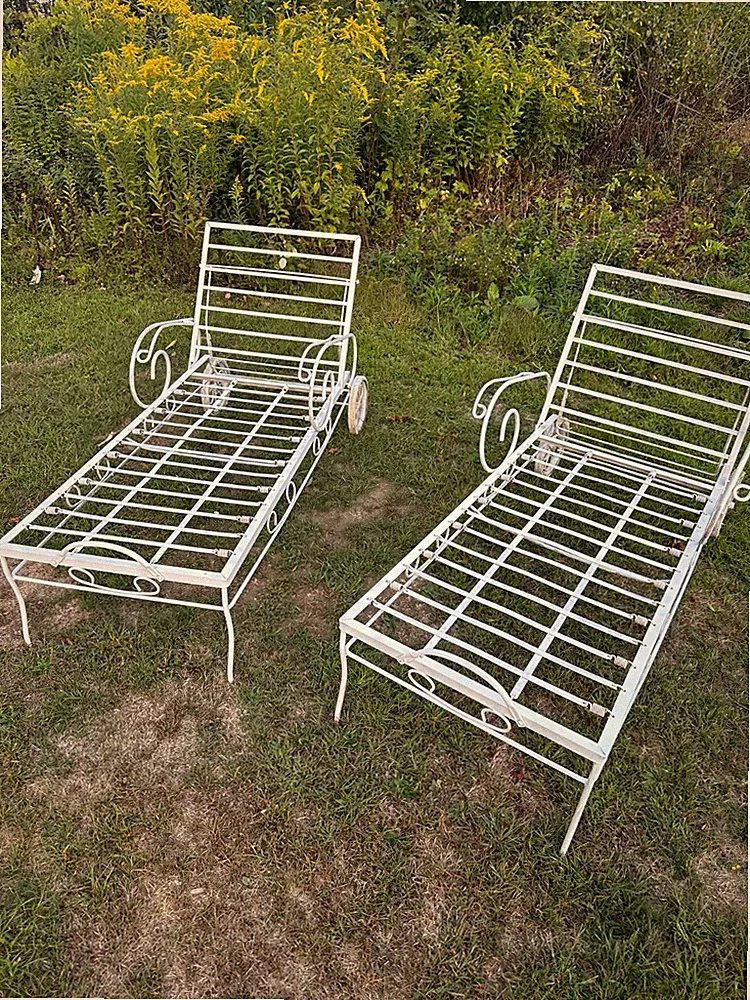Two Vintage Wrought Iron Chaise Lounge Chair Patio Furniture Adjustable Pair