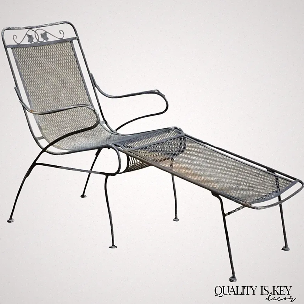 Vintage Woodard Wrought Iron Garden Chaise Lounge Chair w/ Removable Footstool