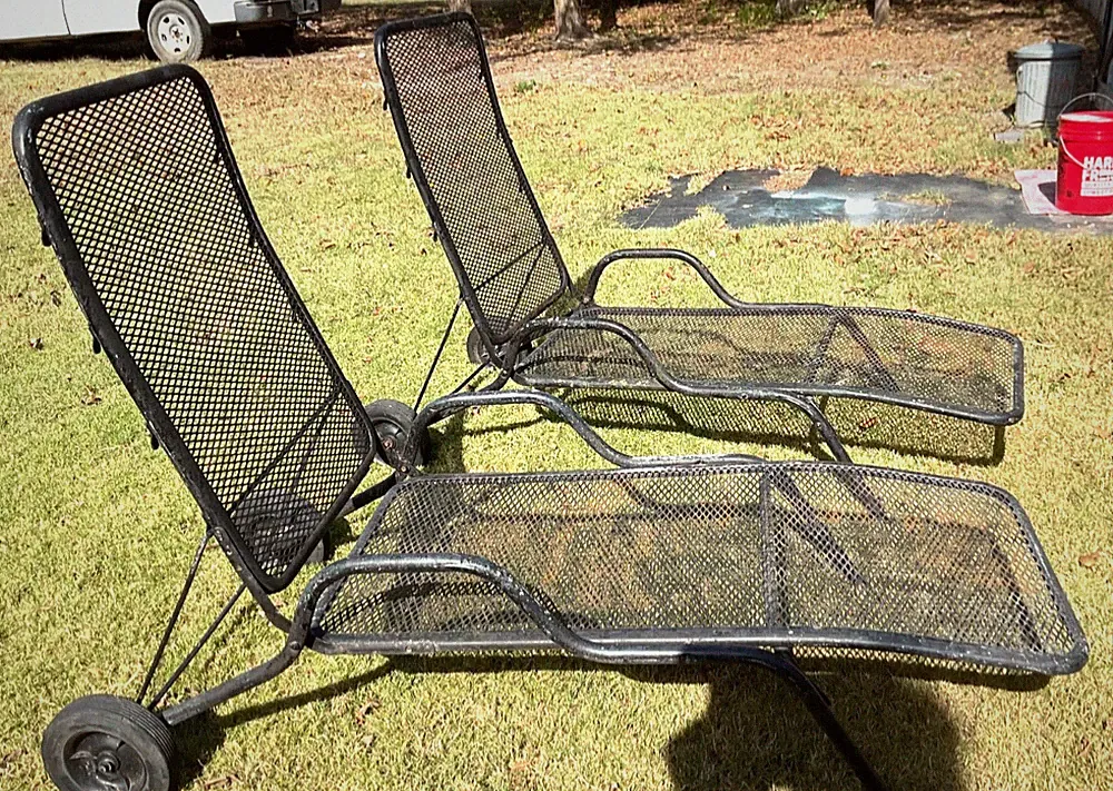 Vtg pair Wrought Iron Woodard Chaise Lounge Chair Patio Furniture Adjustable 1