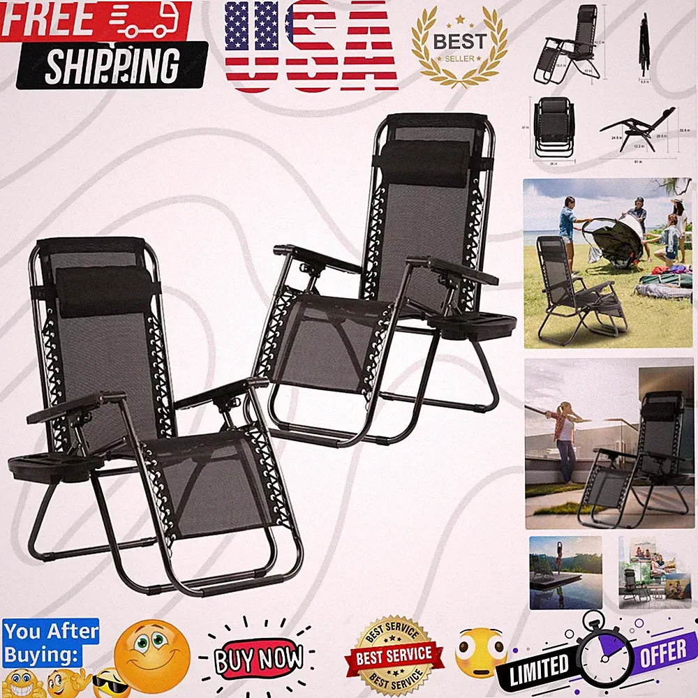 Zero Gravity Chairs Set of 2 Black Lounge Patio Chairs Outdoor Yard Beach wit...